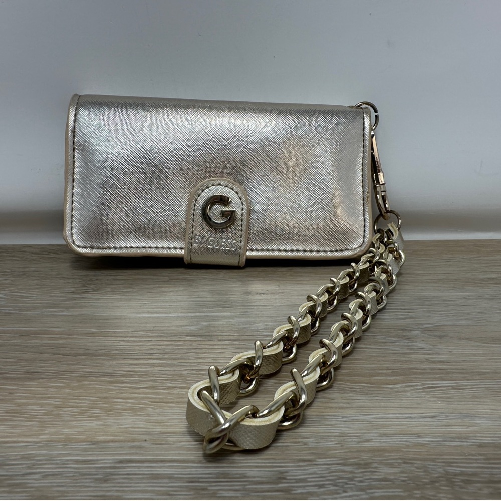 Guess Futuristic Cybercore Wristlet Wallet Metallic Silver Y3K Vtg Chain Strap